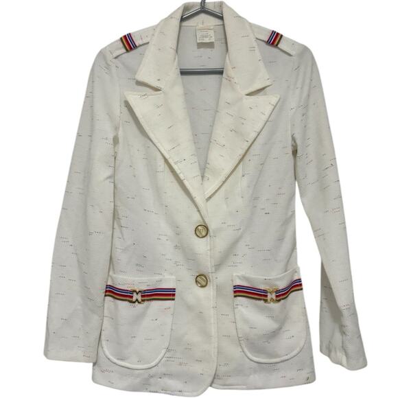 Vintage 80s Yacht Blazer Womens Small Nautical Preppy Tweed Rainbow White Gold - Picture 1 of 10